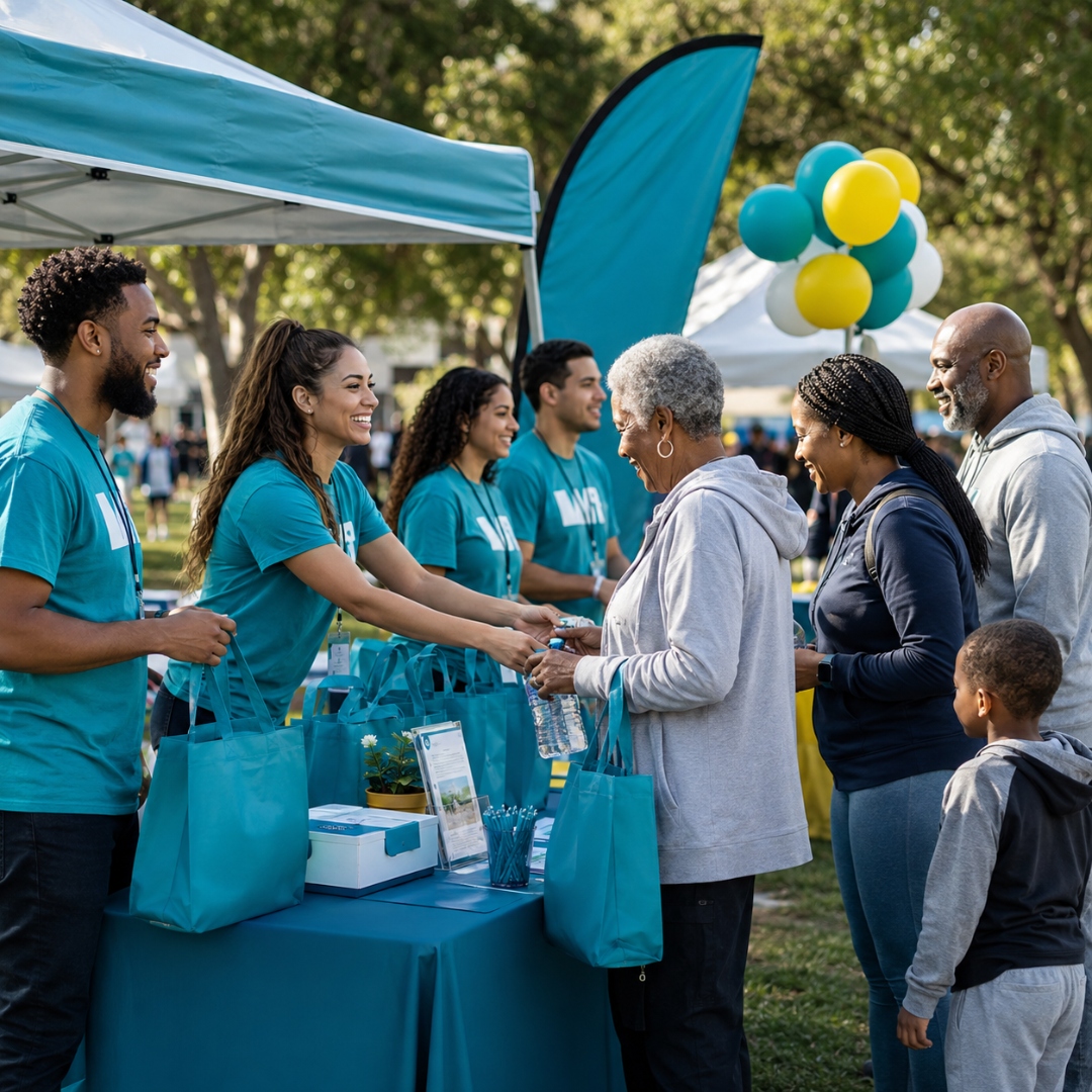 Charity event with volunteers in matching shirts