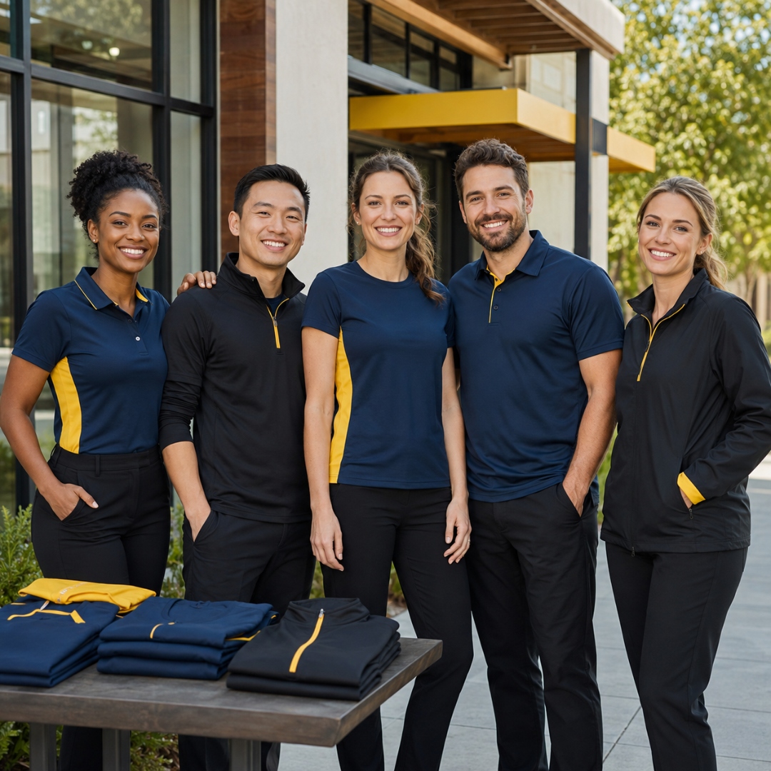 Team staff in coordinated branded apparel