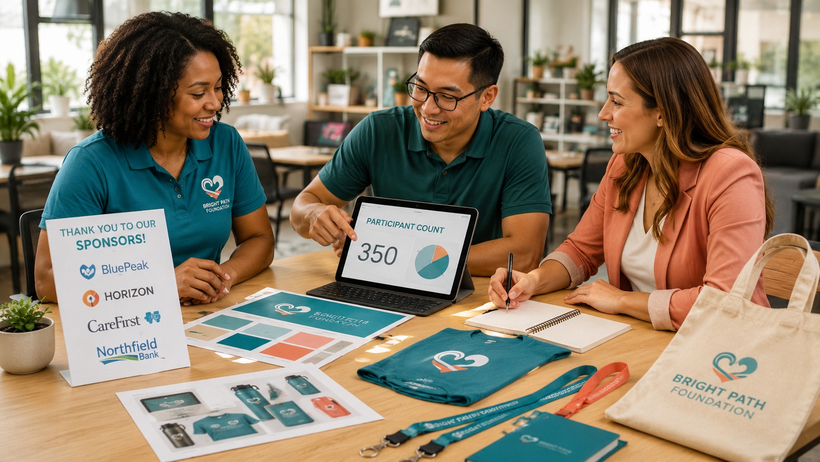Team planning charity event materials with branded items