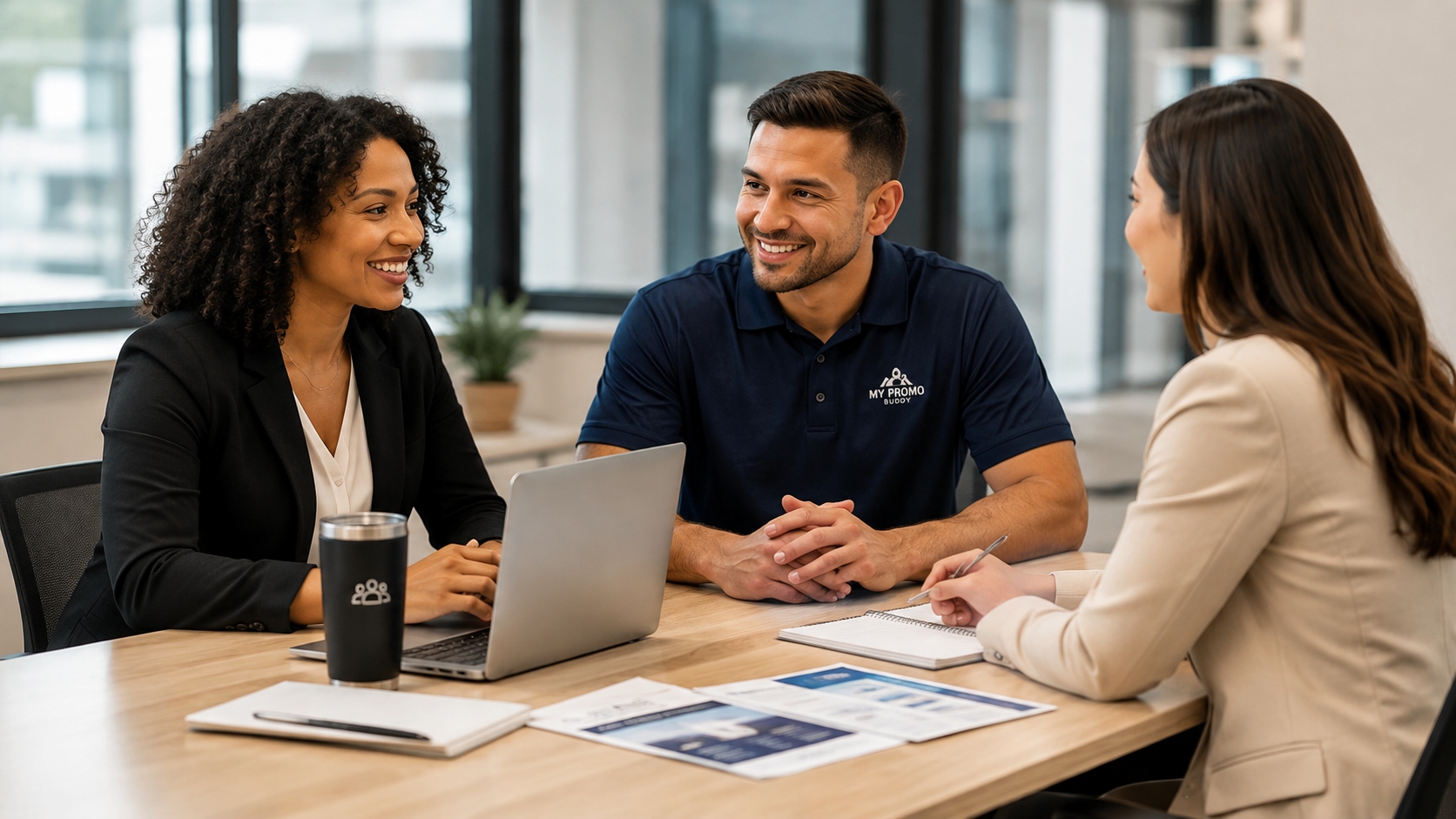 Business team meeting with branded tumblers and notebooks
