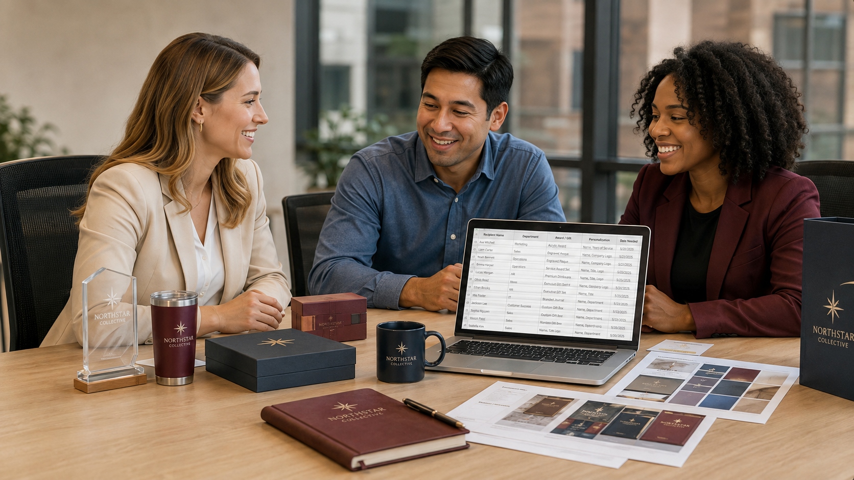 Team planning corporate gifts and awards with branded items on desk