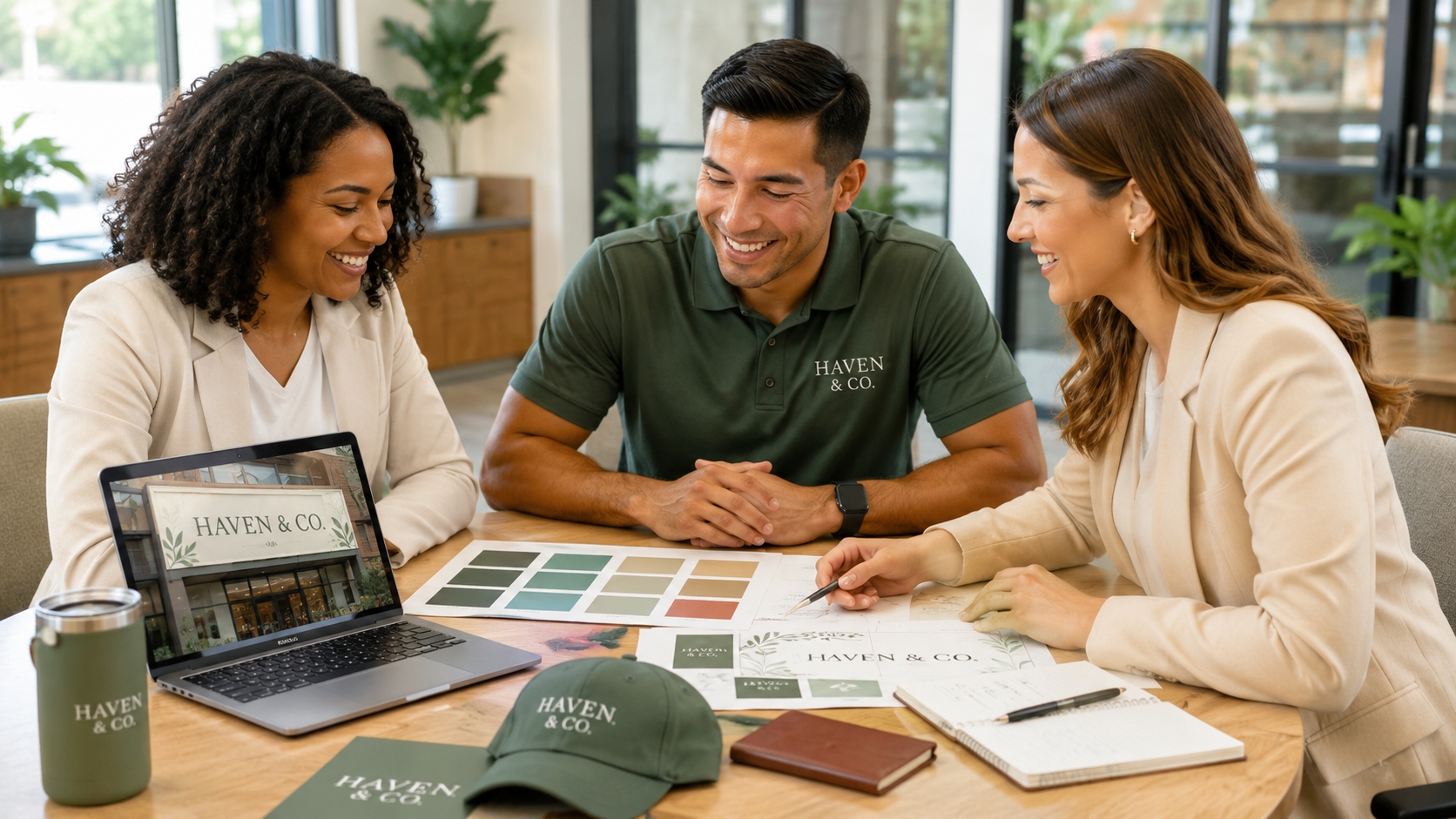 Team meeting to plan grand opening with branded materials and color swatches