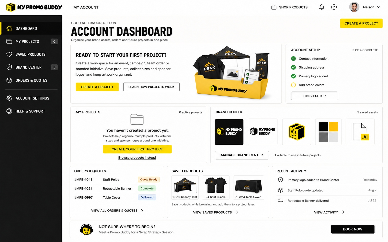 My Promo Buddy account dashboard showing projects, brand center, and orders