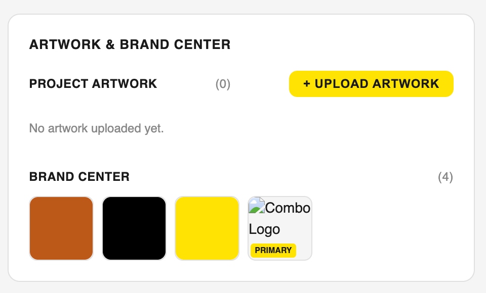 Brand center showing color swatches and logo assets