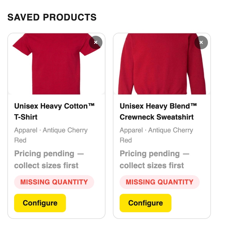 Saved product cards with Configure buttons