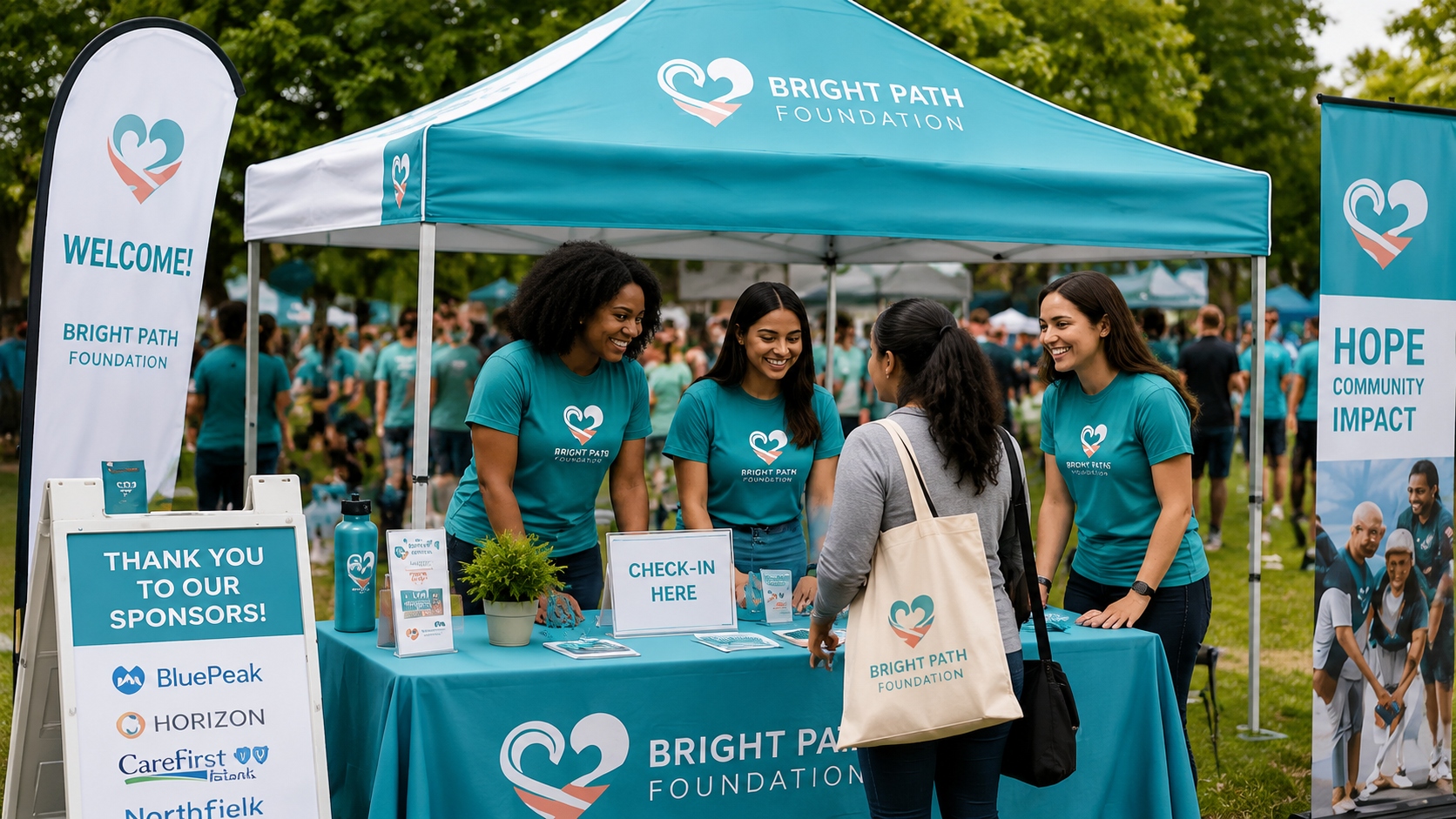 Charity event check-in station with branded tent and volunteer team