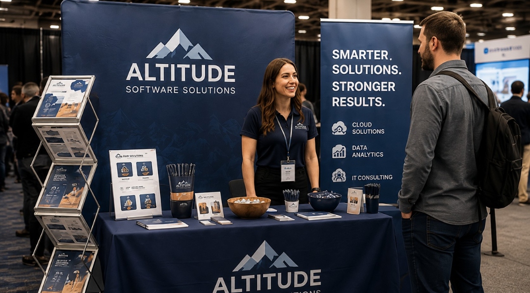 Professional trade show booth with branded backdrop, table cover, and banner