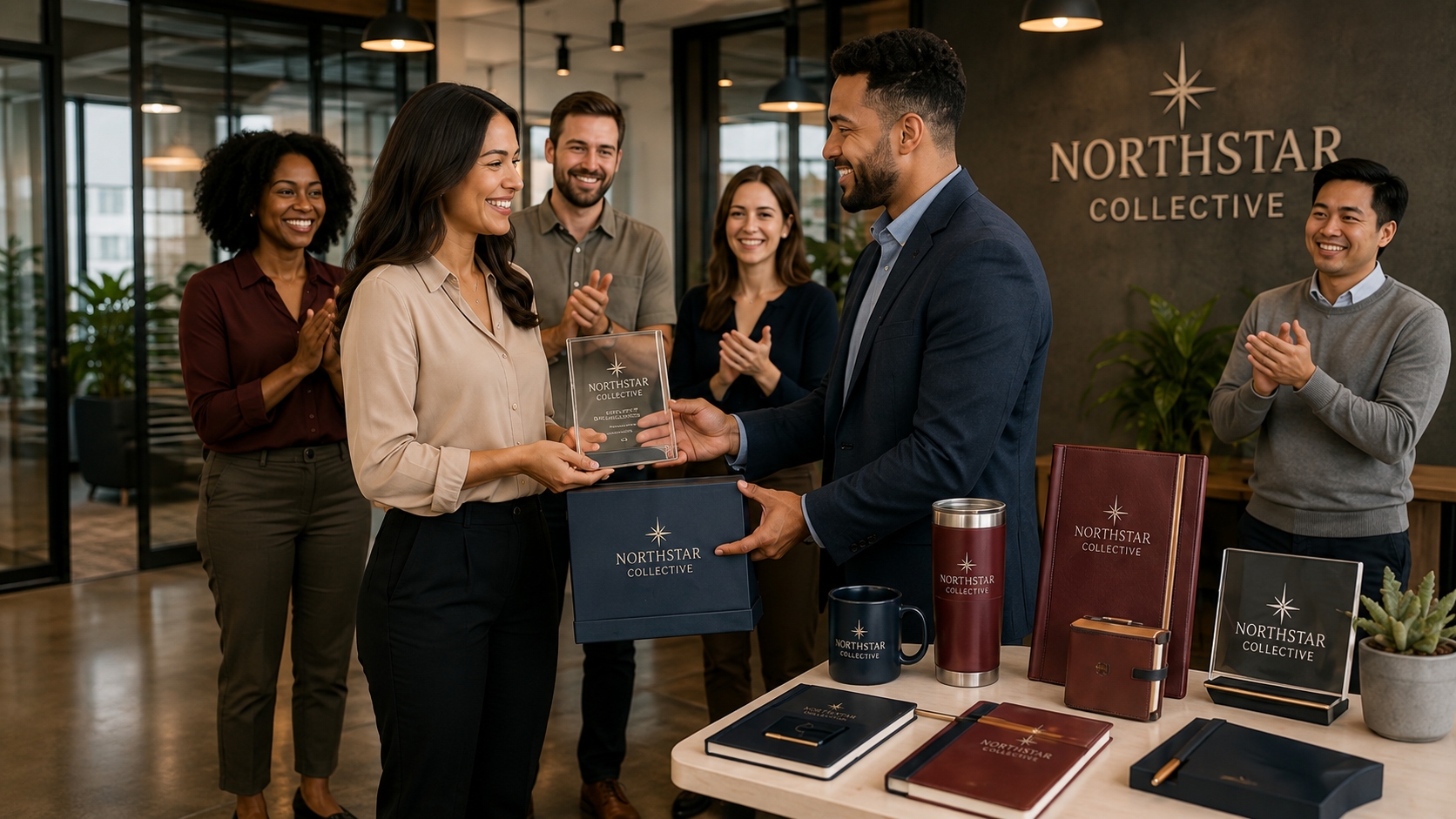 Award presentation ceremony with acrylic award and branded gift box