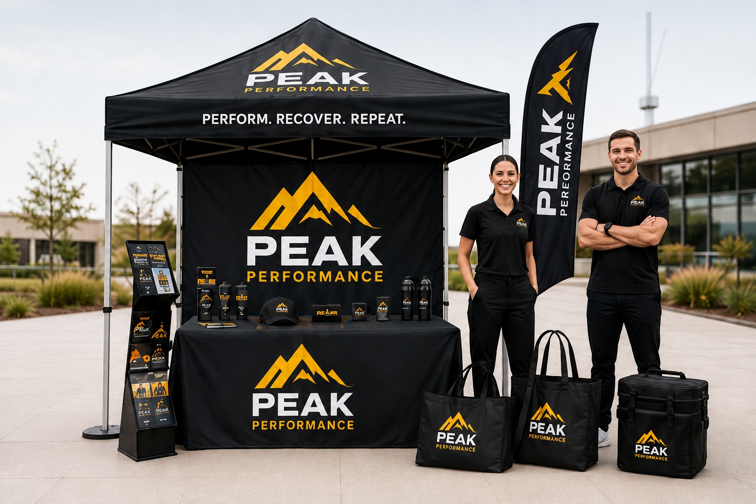 Branded event display setup with tent, table cover, flags, and staff in matching apparel