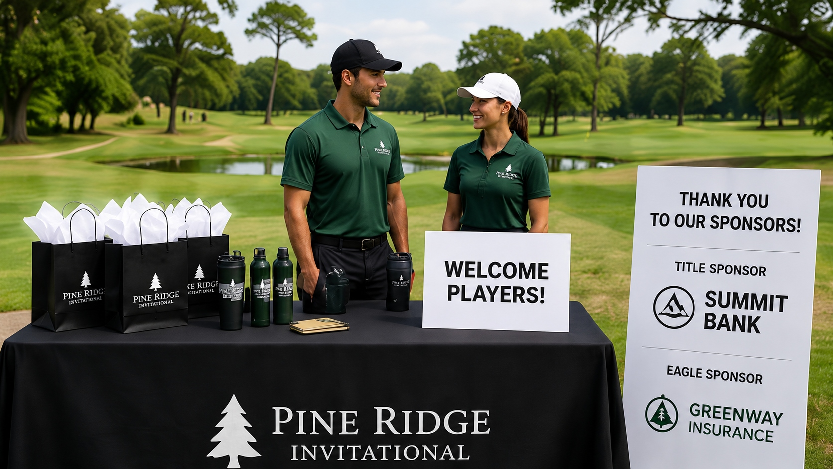 Golf tournament registration table with branded table cover, gift bags, and sponsor signage
