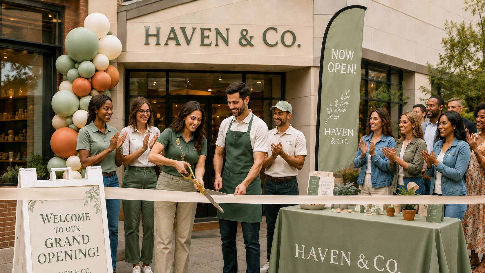 Grand opening ribbon-cutting ceremony with branded signage, balloon arch, and feather flags