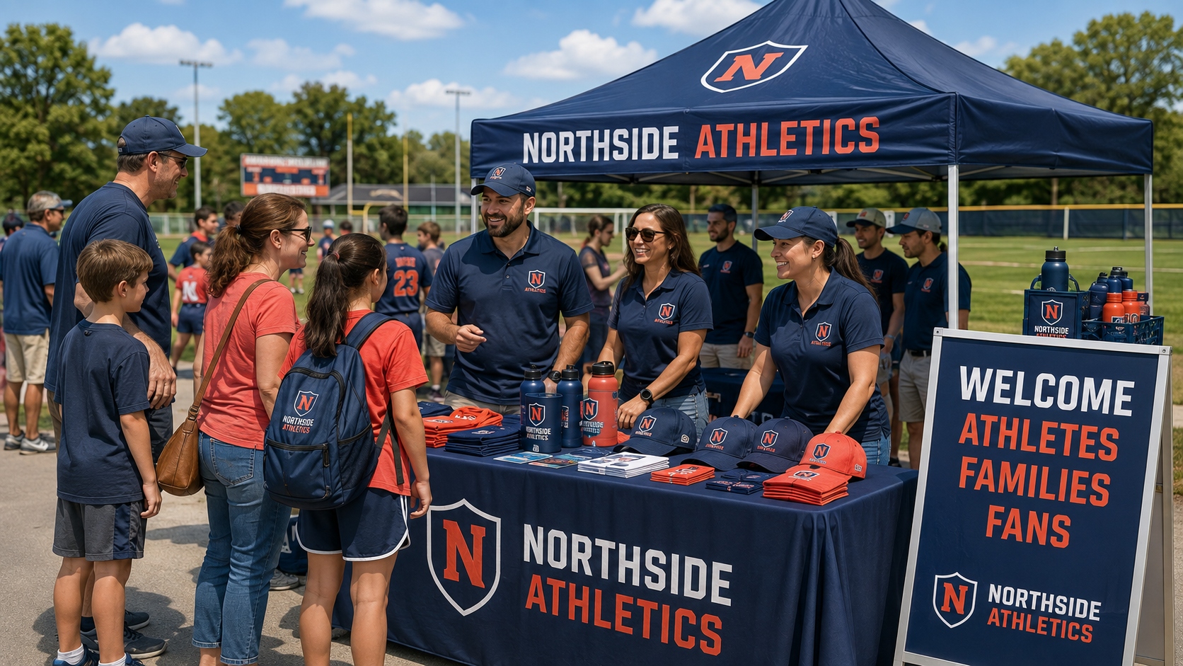 Family visiting Northside Athletics merchandise booth at a sports field