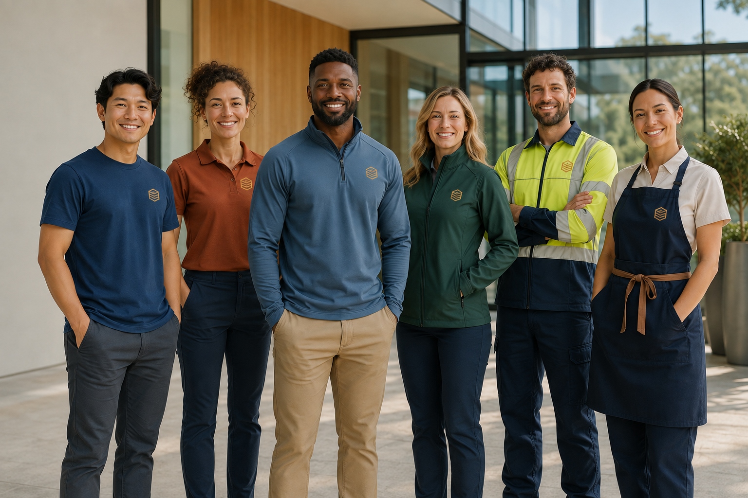 Team staff in coordinated branded polos and embroidered apparel