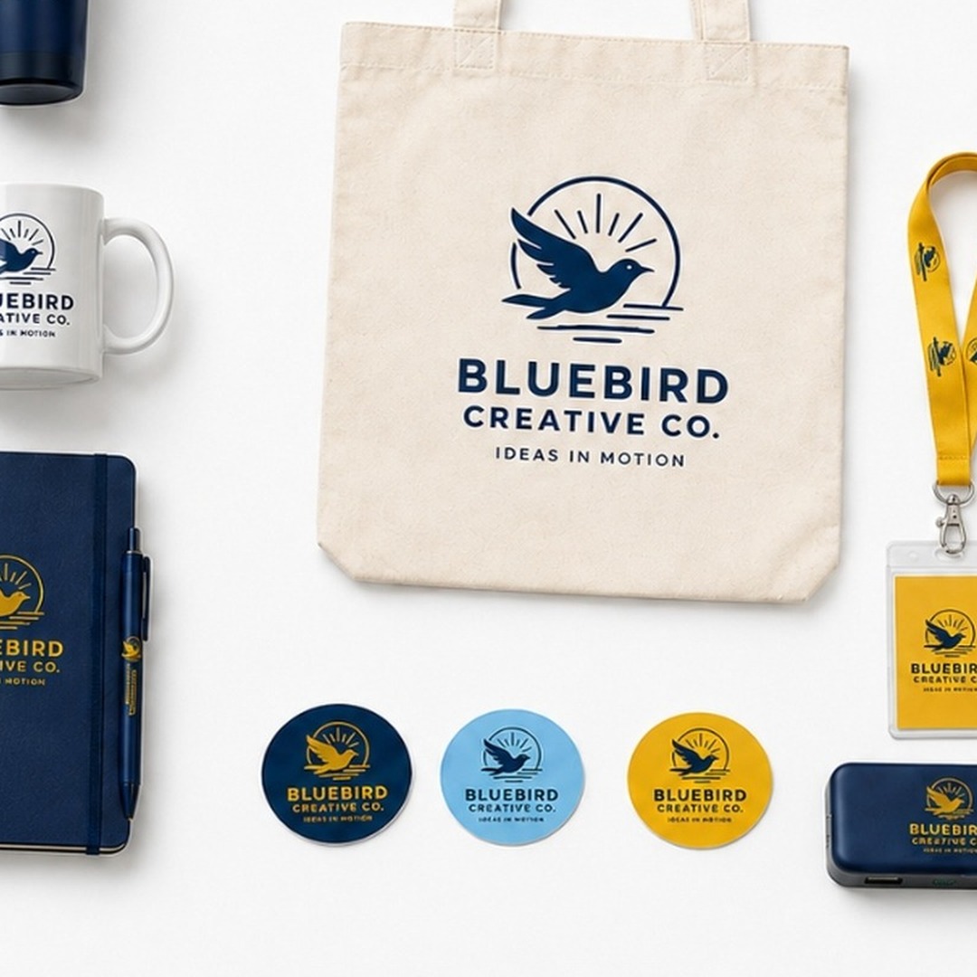 Promotional products including totes, tumblers, and notebooks