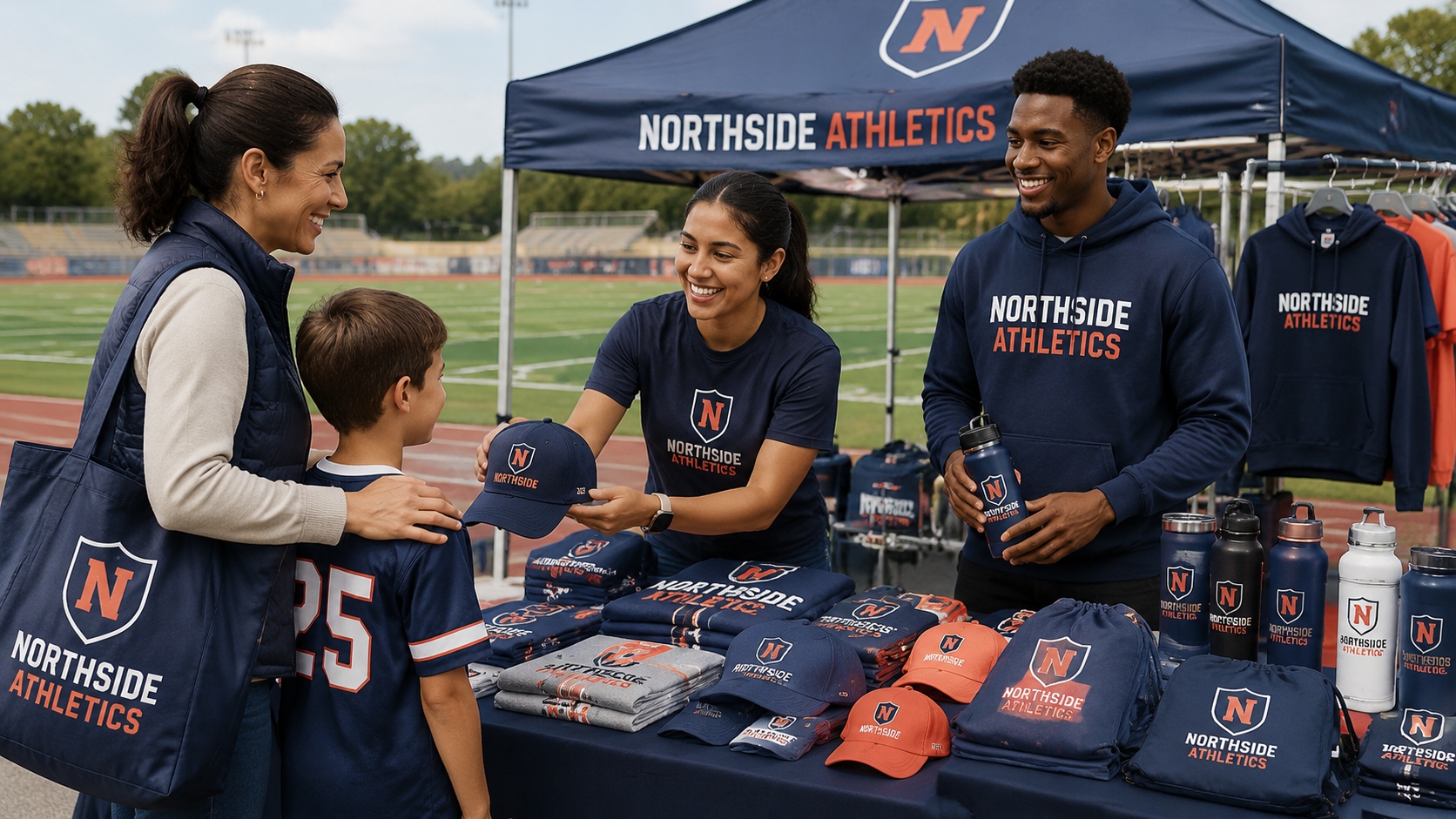 Staff member handing branded hat to young athlete at sports booth