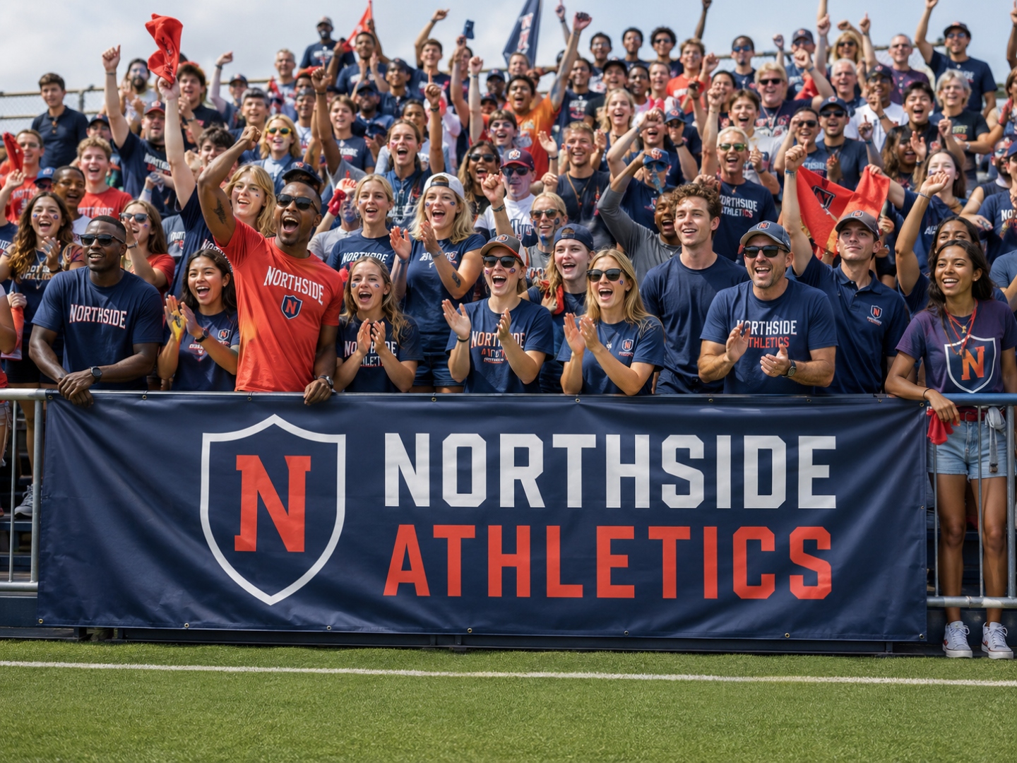Crowd of fans in branded shirts at a stadium