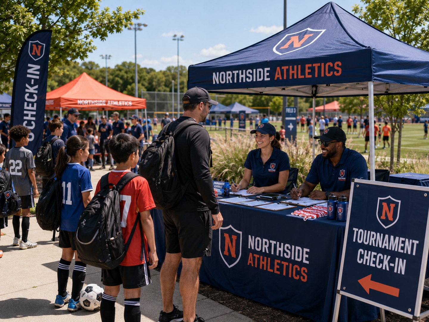 Tournament check-in station with branded tent